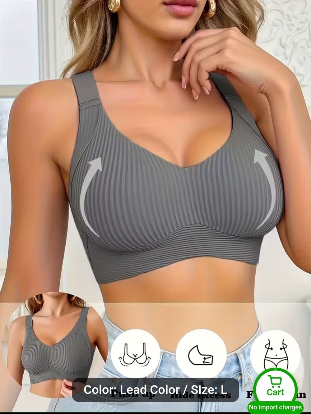 As Fairy Wireless Seamless Padded Everyday Bra - Grey Size Large New In Box